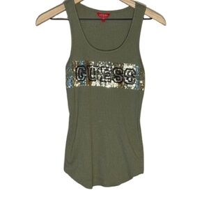 Women's XS Guess Gold Black Sequins Ribbed Army Green Tank